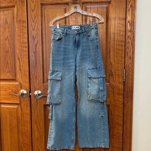 SONG Women's Wide Leg Blue Cargo Jeans, Size 0/24